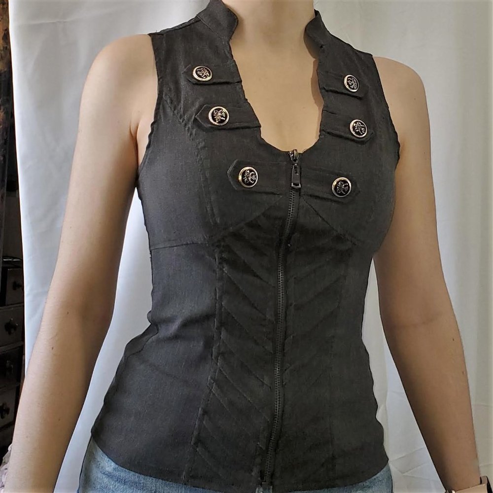 Sleeveless Grey Military / Steampunk Inspired Top with Crisscross Back - Small